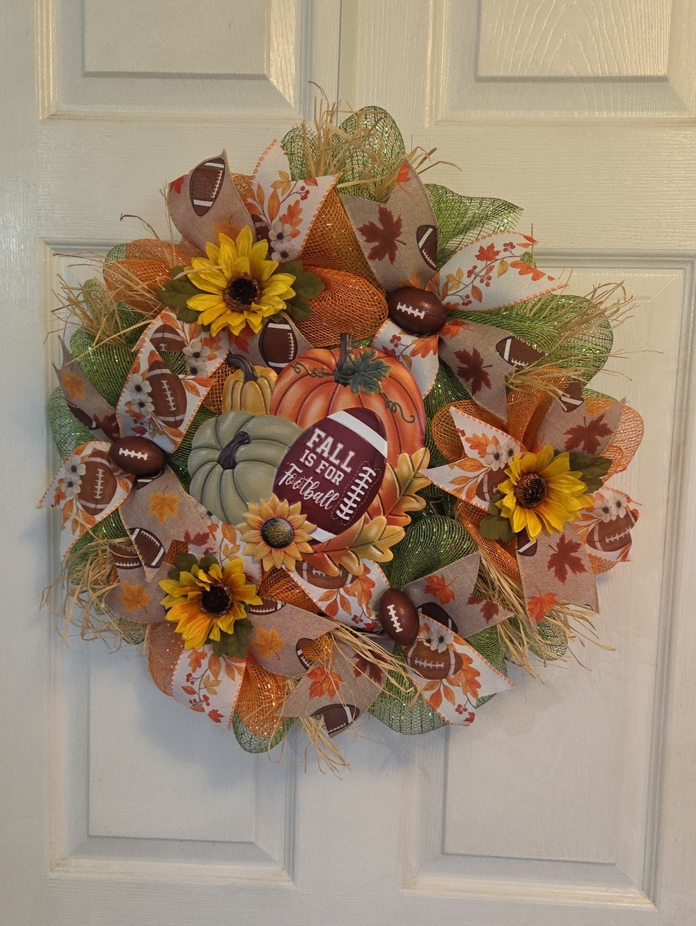 Autumn Football Wreath, Fall Door Decor With Sunflowers , Pumpkins , & Footballs